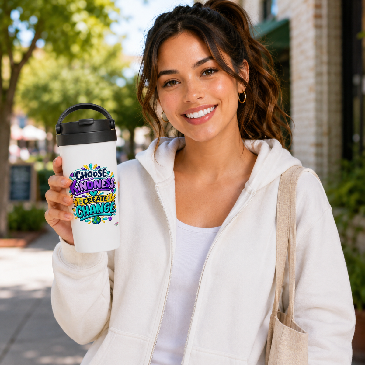 Choose Kindness Create Change -  White 15oz Stainless Steel Travel Mug