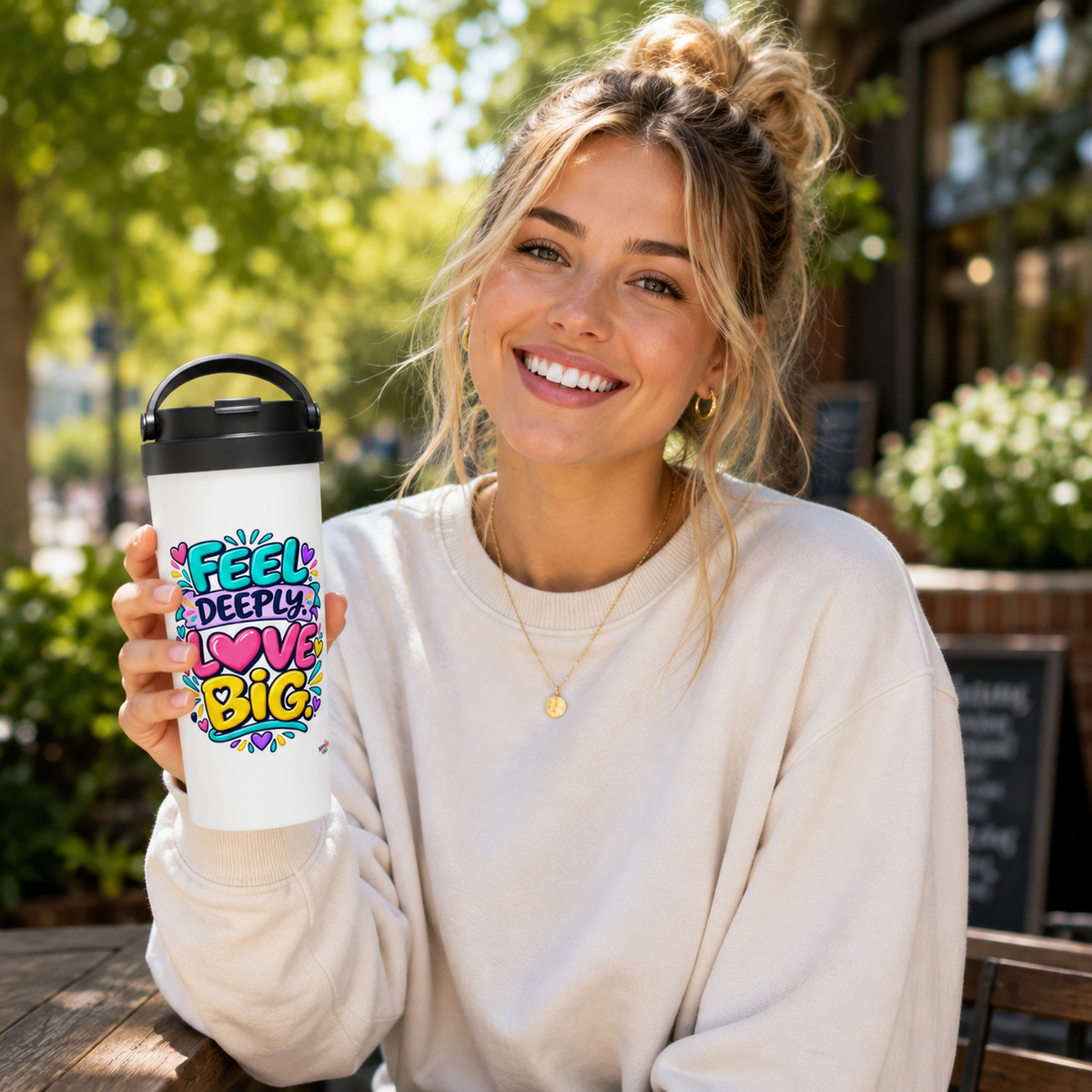 Feel Deeply Love Big -  White 15oz Stainless Steel Travel Mug