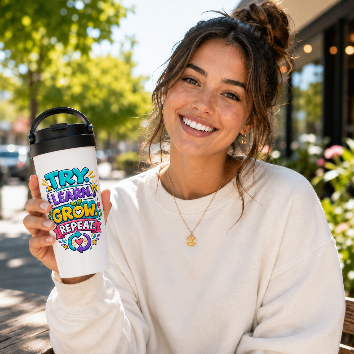 Think. Learn. Grow. Repeat -  White 15oz Stainless Steel Travel Mug