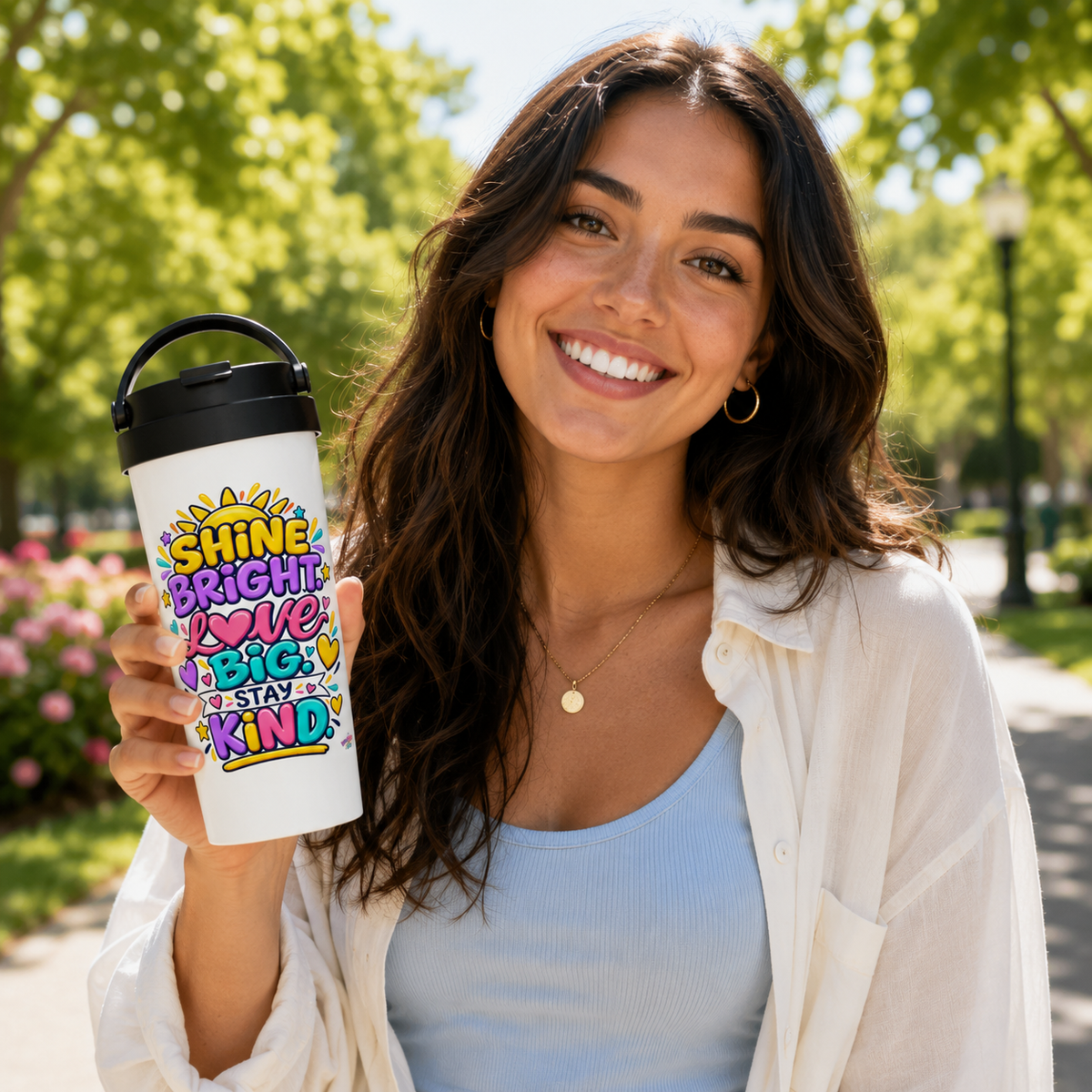 Shine Bright. Love Big. Stay Kind -  White 15oz Stainless Steel Travel Mug
