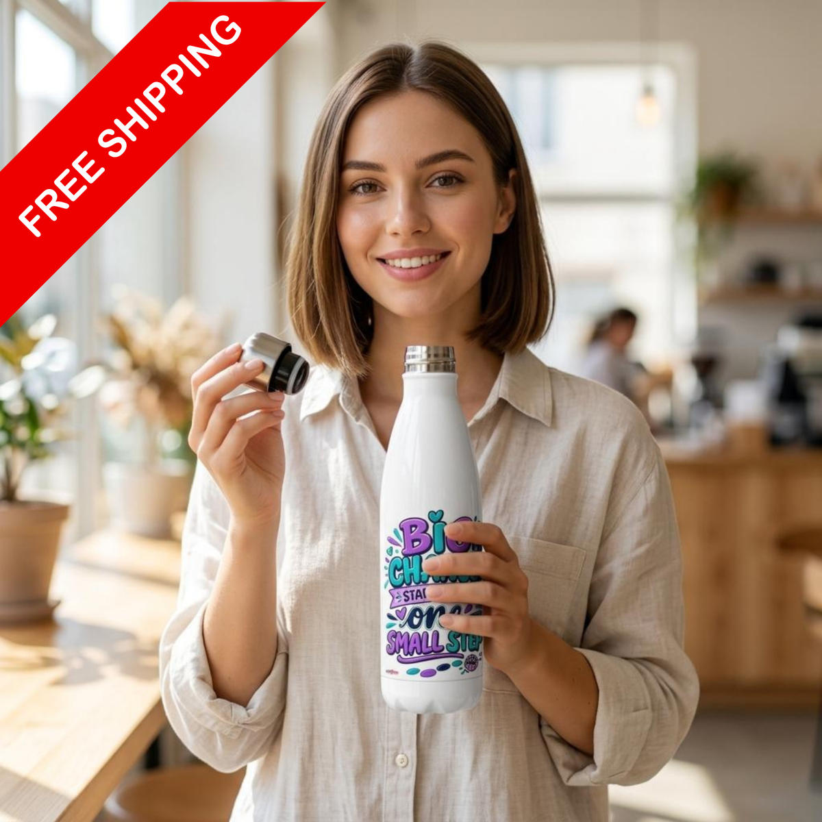 Big Change Starts With One Step - White 17oz Stainless Steel Water Bottle