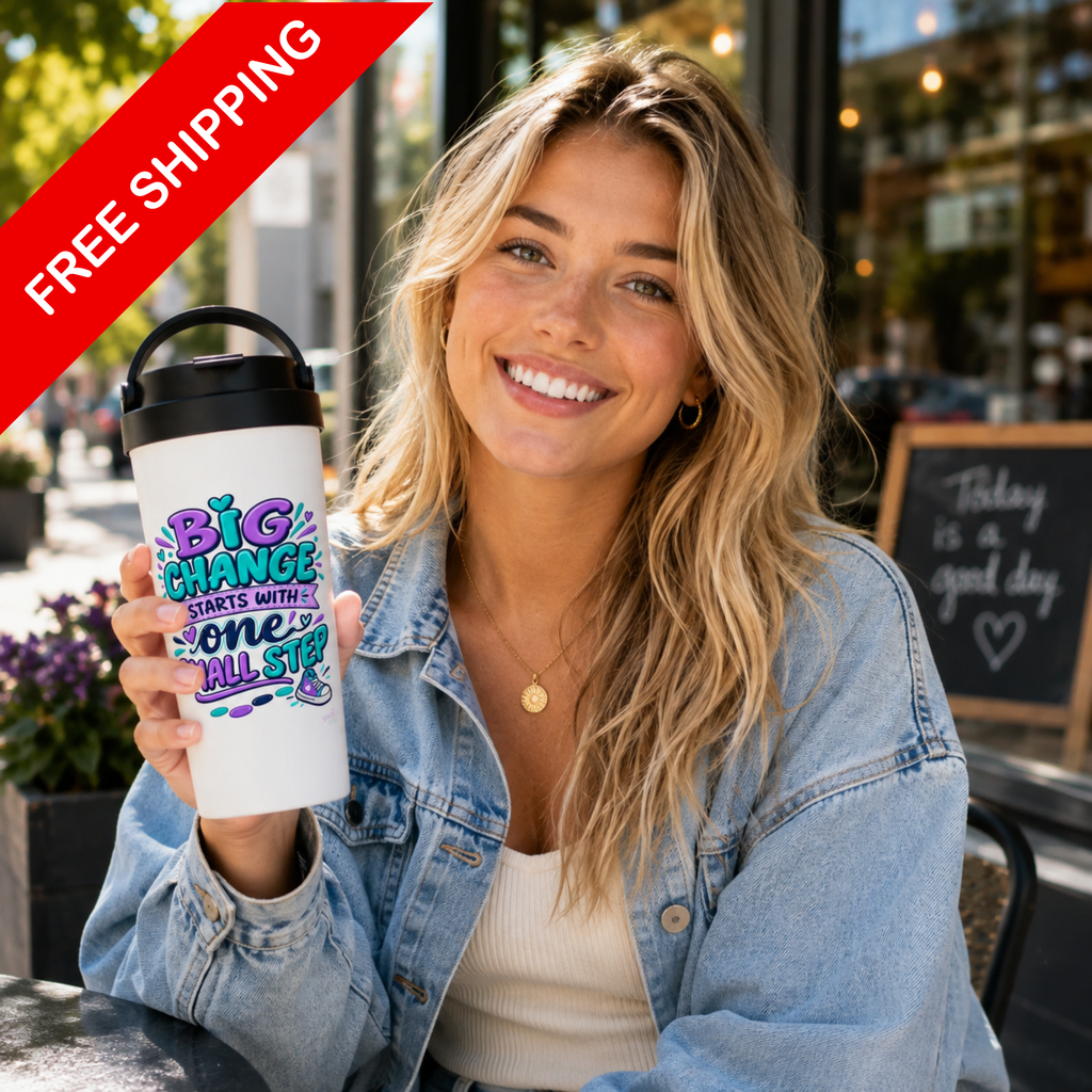 Big Change Starts with One Step -  White 15oz Stainless Steel Travel Mug
