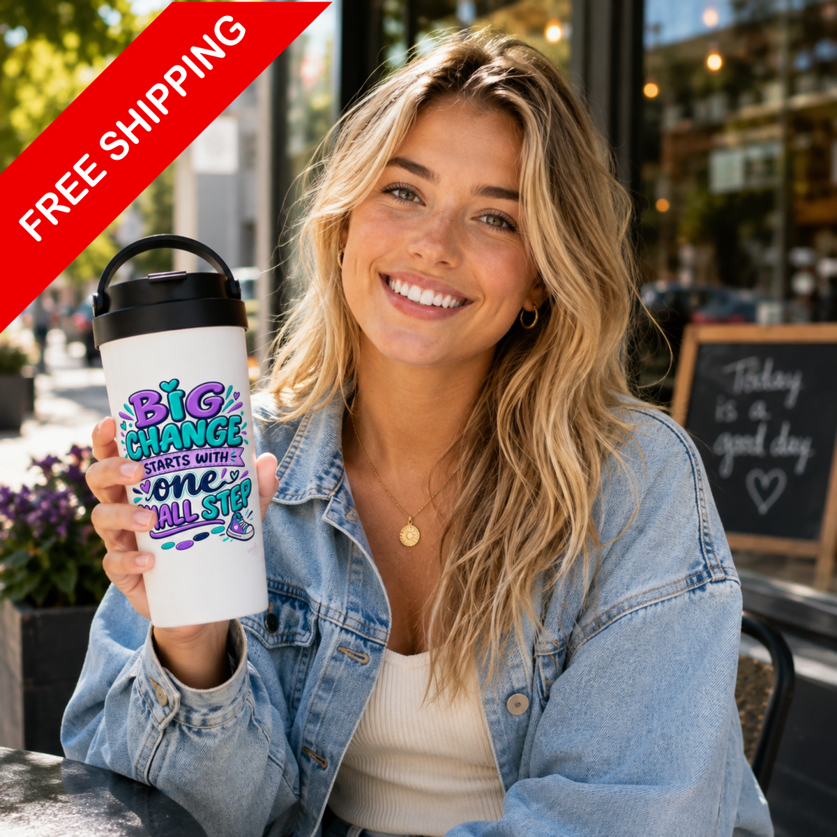 Big Change Starts with One Step -  White 15oz Stainless Steel Travel Mug