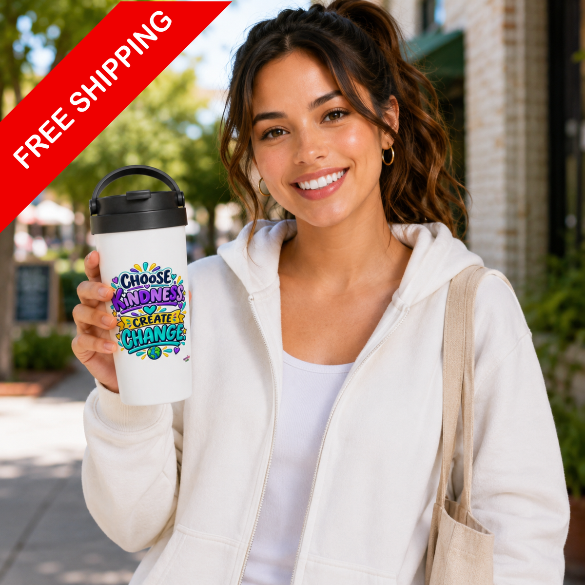 Choose Kindness Create Change -  White 15oz Stainless Steel Travel Mug
