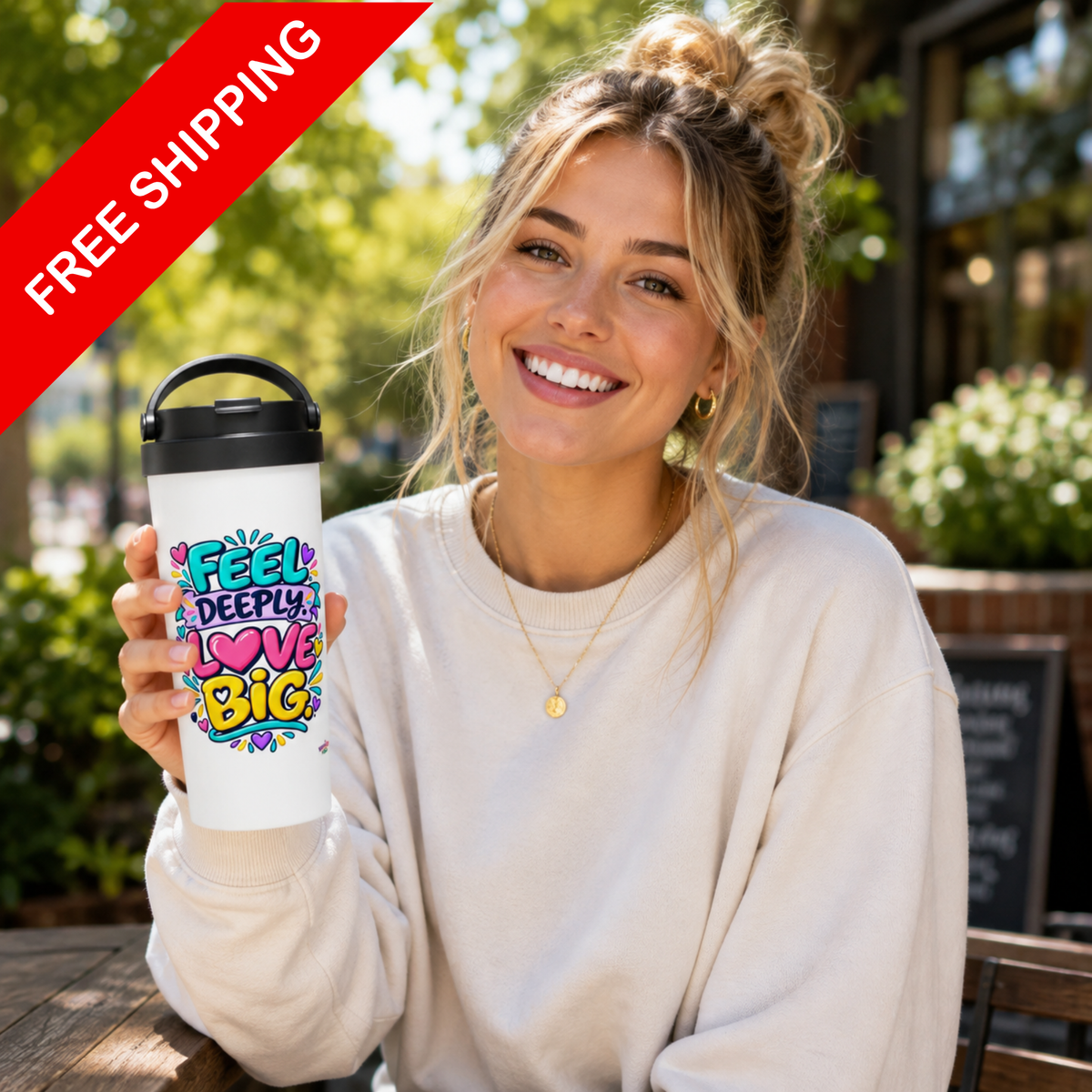 Feel Deeply Love Big -  White 15oz Stainless Steel Travel Mug