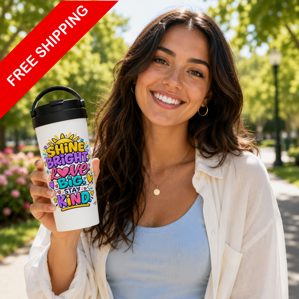 Shine Bright. Love Big. Stay Kind -  White 15oz Stainless Steel Travel Mug
