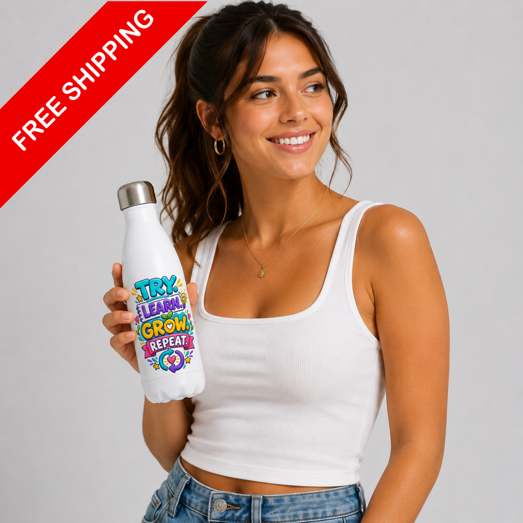 Think Learn Grow Repeat - White 17oz Stainless Steel Water Bottle