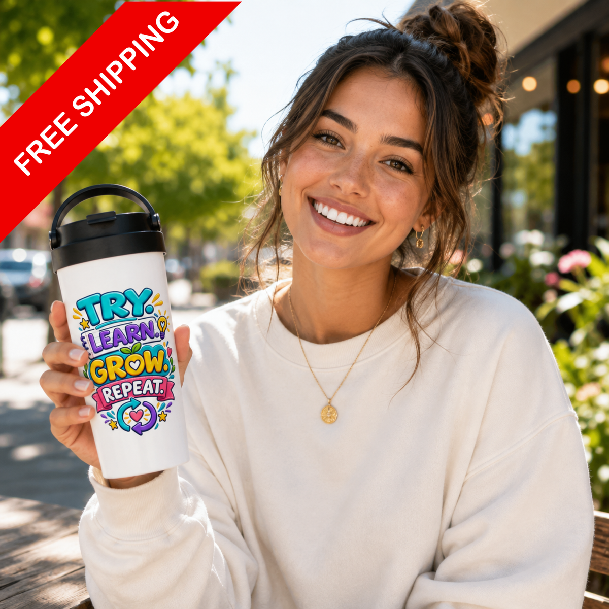 Think. Learn. Grow. Repeat -  White 15oz Stainless Steel Travel Mug
