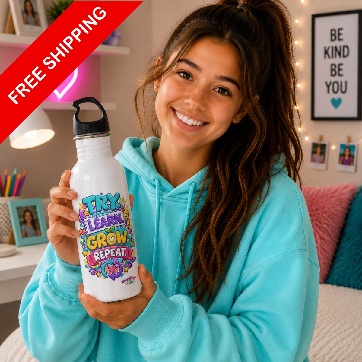 Try. Learn. Grow. Repeat Motivational Stainless Steel Bottle