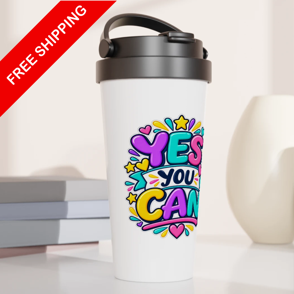 Yes You Can -  White 15oz Stainless Steel Travel Mug